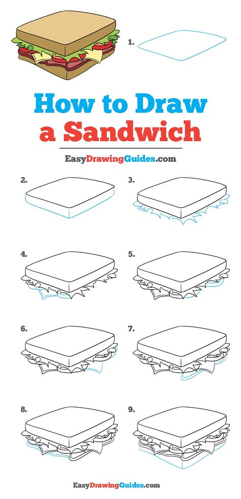 Learn How to Draw a Sandwich: Easy Step-by-Step Drawing Tutorial for Kids and Beginners. #Sandwich #DrawingTutorial #EasyDrawing See the full tutorial at https://easydrawingguides.com/how-to-draw-a-sandwich/. Best Drawing For Kids, Simple Zentangle, Sandwich Drawing, Easy Zentangle Patterns, Easy Drawing Guides, Drawing Guides, 귀여운 음식 그림, Drawing Tutorials For Beginners, Easy Drawing Tutorial