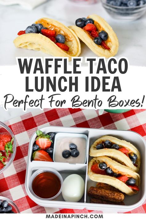 Pinterest Pin: Two stuffed waffle tacos above an egg bite above a bento lunch box filled with waffle tacos, sausage links, hard boiled egg, and yogurt dip. Text overlay reads "Waffle Taco Lunch Idea - Perfect For Bento Boxes!" Website: madeinapinch.com. Breakfast Bento Box Ideas, Waffle Tacos, Breakfast Bento, Easy Bento, Family Meals Kid Friendly, Waffle Taco, Lunch Box Idea, Serving Ideas, Easy Lunch Boxes