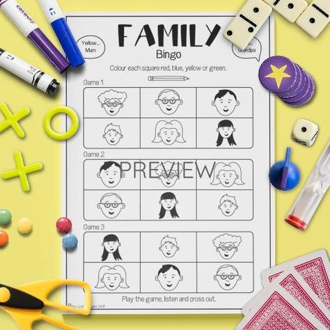 Family Bingo, Game Worksheet, Listening Games, Speaking Games, Esl Kids, Bingo For Kids, Esl Activities, Worksheet For Kids, Activity Board