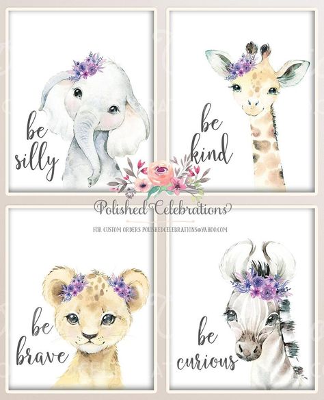 Purple Blush Safari Animal Nursery Art / Printable Nursery Art | Etsy Aurora Nursery, Purple Flower Nursery, Purple Baby Rooms, Lilac Nursery, Purple Nursery Girl, Safari Animal Nursery, Flower Nursery Decor, Purple Nursery