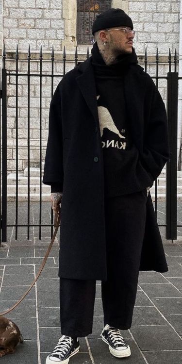 Men Long Coat Street Style, Trench Coat Sneakers Outfit Men, Black Wool Coat Outfit Men, Pee Coat Outfits Mens, Big Coat Outfit Men, Mens Nyc Winter Outfits, Black Trench Coat Outfit Men Casual, All Black Club Outfit Men, Mens Winter Outfits 2023