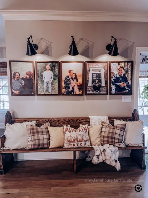 Living Room Photo Wall Ideas Farmhouse, Family Pictures In Kitchen Wall, Family Pictures On Wall Farmhouse, Smallwoods Living Room, Home Wall Gallery, Gallery Wall Dark Paint, Picture Wall In Living Room, Gallery Wall With Bench Underneath, Family Portraits Living Room