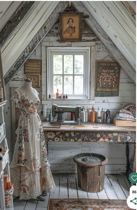 Cottage Art Studio, Victorian Sewing Room, Sewing Room Aesthetic, Shed Interior Ideas, She Shed Interior Ideas, Vintage Craft Room, She Shed Interior, Sewing Shed, Sewing Atelier