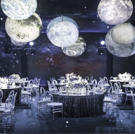 Moon And Stars Prom Theme, Universe Decoration Party, Moon Theme Wedding Decoration, Moon Themed Restaurant, Space Theme Bridal Shower Ideas, Celestial Wedding Decor Starry Nights, Space Themed Wedding Reception, Outer Space Wedding Theme, Star And Moon Quinceanera Theme