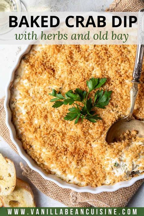 This creamy Hot Crab Dip is one of my longtime favorite appetizer recipes. Luscious lump crabmeat folded into a cream cheese sauce bright with fresh herbs, lemon juice, and Old Bay Seasoning. Plus crunchy breadcrumbs on top for texture! Creamy Crab Dip With Cream Cheese, Old Bay Crab Dip, Warm Crab Dip, Baked Crab Dip, Creamy Crab Dip, Clam Dip, Crab Dip Recipe, Baked Crab, Holiday Dinner Recipes