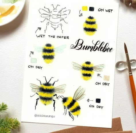 Watercolour Bees Easy, Watercolor Bumble Bee Tutorial, Acrylic Painting Tips For Beginners, Simple Watercolor Tutorial, Watercolour Bees, Bees Watercolor, Bumblebee Watercolor, Watercolor Bumble Bee, Watercolor Drawing Ideas