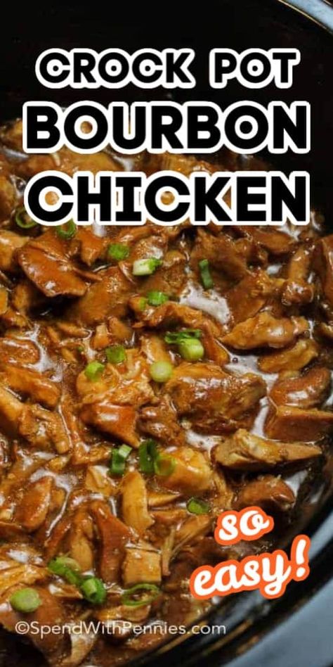 This easy Crock Pot bourbon chicken couldn't be more flavorful. We love serving bourbon street chicken over rice, or in sandwiches! #spendwithpennies #bourbon #bourbonchicken #chicken #crockpotbourbonchicken #bourbonchickenrecipe #slowcookerbourbonchicken Crockpot Burbon Chicken, Healthy Bourbon Chicken, Crock Pot Bourbon Chicken, Slow Cooker Bourbon Chicken, Burbon Chicken, Bourbon Street Chicken, Honey Bourbon Chicken, Street Chicken, Bourbon Chicken Crockpot