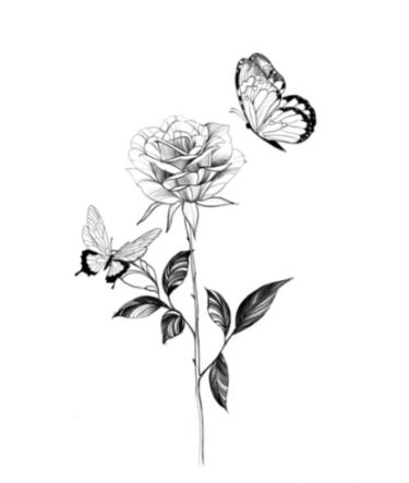 Butterfly Tattoo With Roses, Tattoos With Flowers And Butterflies, Half Butterfly Half Flower Tattoo Sketch, Half Butterfly Half Rose Tattoo, Simple Memorial Tattoos, Butterfly With Flowers Tattoo Stencil, Black And White Butterfly And Flower Tattoo, One Line Butterfly Flower Tattoo, Rose And Butterfly Tattoo