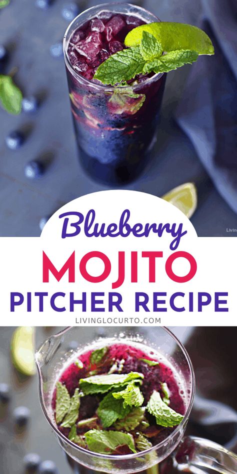 This Blueberry Mojito Pitcher Recipe is a perfect cocktail for a crowd. A fun twist on the classic mojito! Mint, lime and blueberries burst with flavor. Blueberry Mojito Pitcher, Mojito Recipe Pitcher, Mojito Pitcher, Blueberry Mojito Recipe, Classic Mojito, Blueberry Mojito, Coctails Recipes, Yummy Alcoholic Drinks, Mojito Recipe