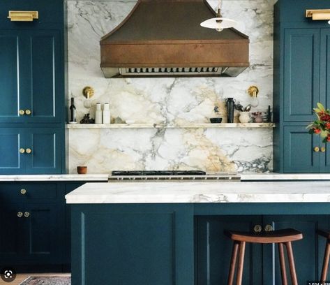 Paonazzo Marble Kitchen, Paonazzo Marble, Calacatta Paonazzo, Kitchen Design Countertops, Navy Kitchen, Blue Cabinets, Elegant Kitchens, Kitchen Marble, Italian Marble