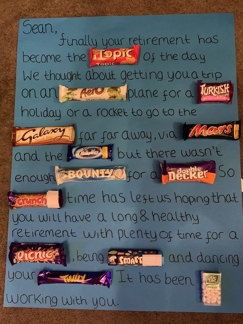 UK chocolate used to make a retirement message for a friend Retirement Chocolate Bar Poster, Birthday Chocolate Bar Card, Candy Poster Board, Retirement Survival Kit, Retirement Candy, Message For A Friend, Candy Birthday Cards, Retirement Gift Basket, Funny 60th Birthday Gifts