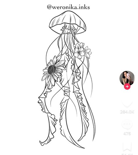 Jellyfish tattoo idea with flowers Celestial Fairy, Whimsical Celestial, Jellyfish Tattoo, Tattoo Flash Sheet, Fox Tattoo, Light Board, Outline Designs, Sunflower Tattoo, Tattoo Outline