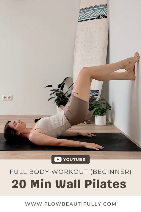 Wall Pilates exercise: Girl in taupe shorts and white Top holds bridge pose with her feet at the wall. Wand Pilates, Wall Pilates Challenge, Free Yoga Workouts, Wall Pilates Workout, Pilates Teacher Training, Beginner Full Body Workout, 10 Min Workout, Full Body Pilates Workout, Mat Pilates Workout