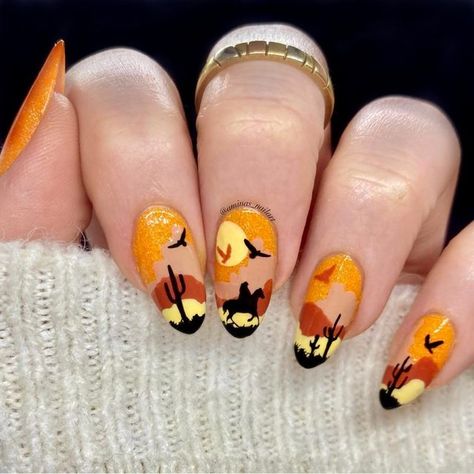 Indiana Jones Nails, Western Spooky Nails, Arkansas Nails, Yellowstone Nails, Southwestern Nails, Southwest Nails, Western Themed Nails, Country Nail Ideas, Western Fall Nails