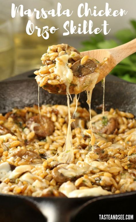 Chicken Sausage Orzo, Chicken Orzo Skillet, Sausage Orzo, Orzo Skillet, Butter Mushrooms, Wine Chicken, Orzo Recipes, Chicken Orzo, Marsala Wine