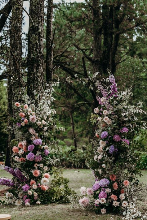 Pretty in White | Wedding Stylist | Wild Florals | Floral designer | Floral Pillars | Lush Blooms | Forest Ceremony | Bright Colour Palette | Heritage Floral Co | Muse Photography Floral Arch Colorful, Wedding Ceremony Forest, Fairytail Wedding, Floral Pillars, Forest Ceremony, Joyful Wedding, Wildflower Wedding Theme, Fairy Tail Wedding, Colorful Wedding Flowers