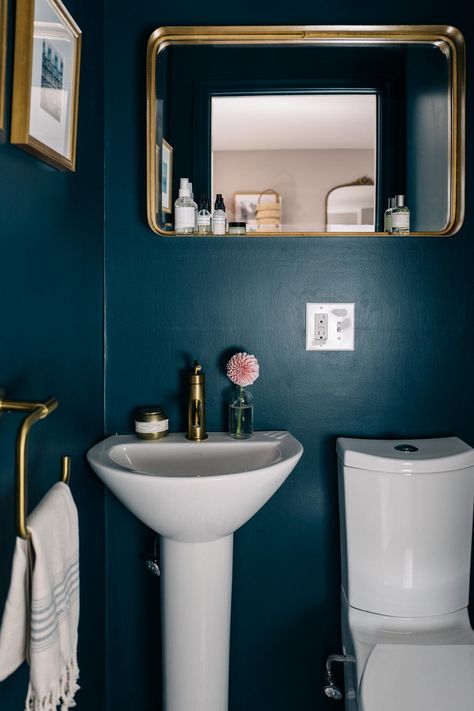 Hague Blue Bathroom, Small Half Bathroom, Kohler Bathroom Sink, Toilet Ideas, Bathroom Upstairs, Powder Room Ideas, Old Bathrooms, Small Toilet Room, Hague Blue