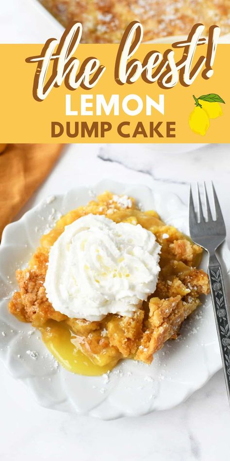 Easy Lemon Dump Cake. This easy and delicious lemon dump cake is the perfect dessert for a busy weeknight or any time you're craving something sweet and tart. It's made with just a few simple ingredients, and it comes together in just a matter of minutes. The cake is soft and fluffy, with a tart and refreshing lemon flavor that is sure to please everyone. #dumpcake #lemondumpcake #lemondesserts #lemoncakemix #cakemixrecipes via @savvysavingcoup Make Ahead Cakes, Lemon Dump Cake, Lemon Dump Cake Recipe, Berry Bread, Easy Dump Cake Recipe, Old Fashioned Bread Pudding, Dump Cake Recipe, Dump Cakes, Lemon Dessert