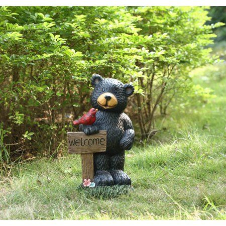 A cute little bear is leaning against a welcome sign as he admires a red bird who has landed on his hand. A perfect addtion to your lawn or garden. Made of durable polyresion. Color: Black. Holding Sign, Red Sparrow, Dragon Garden, Bunny Statue, Outdoor Welcome Sign, Garden Gnomes Statue, Bear Statue, Fairy Statues, Gnome Statues