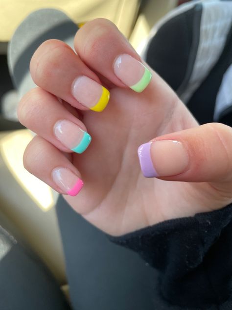 Acrylic Nails For Ten Year Olds, Cute Nails For Kids 9-10 Summer, Cute Back To School Nails Square, French Tip Nails Bright Colors, Neon Colored French Tip Nails, Cute Nails For Kids 9-10 Gel, Different Color Tip Nails, Nail Ideas For Ten Year Olds, Multi Colored French Tip Nails Square