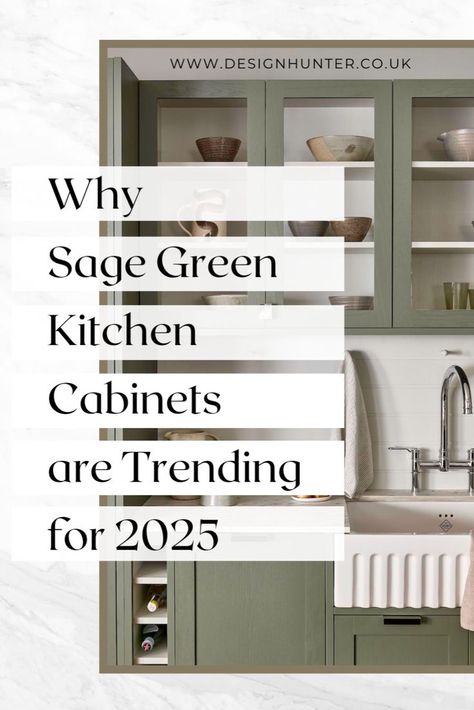 Sage green kitchen cabinets with glass-panelled doors, white marble countertops, and a farmhouse sink. Green And Charcoal Kitchen, Grey Green Kitchen Cabinets Paint Colors, Kitchen Units Ideas Modern, Backsplash With Sage Cabinets, Modern Green Kitchen Cabinets, Army Green Cabinets, Earthy Green Kitchen Cabinets, Evergreen Fog Cabinets Kitchen, Sage Green Cupboards