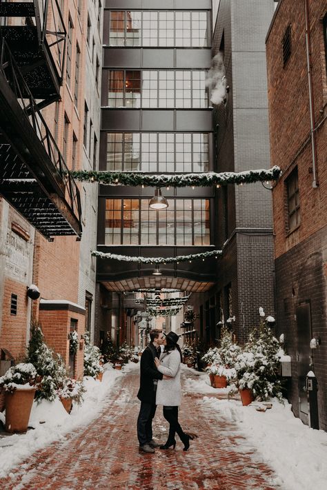 Warm, cozy, and moody snowy winter engagement session in Downtown Detroit, MI | Dan Cox Photography | Detroit Wedding Photographer Snowy City Photoshoot, Winter City Engagement Photos, Christmas Engagement Photos, Sage Green Wedding Theme, Winter Engagement Shoot, Prague Winter, Christmas Couple Pictures, Winter Engagement Pictures, Michigan Winter