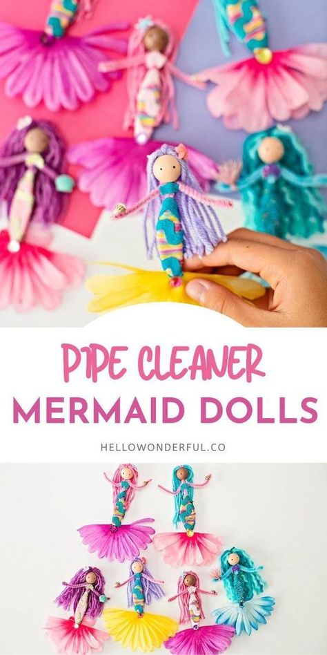 Mermaid Theme Crafts, Mermaid Yarn Doll, How To Make Cool Things Out Of Paper, Mermaid Dolls Diy How To Make, Mermaid Dolls Diy, Mermaid Gifts For Kids, Crafts With Pipe Cleaners For Kids, Crafts For Girls Age 5-8, Fairy Crafts Kids