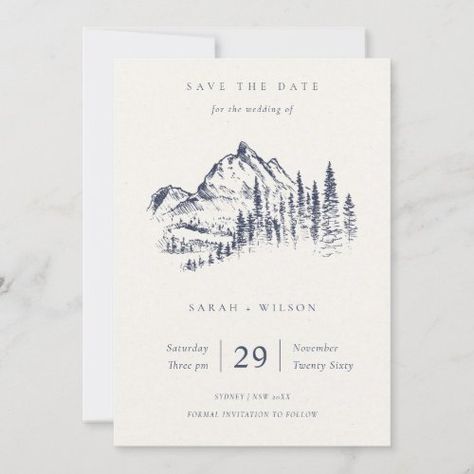 Navy Pine Mountain Sketch Save The Date Card #zazzle #weddinginvitations #birthdayinvitations #babyshowerinvitations #zazzleinvitations #monogram #businesscards #graduation #homedecor Hobbit Wedding, Jungle Watercolor, Outdoorsy Wedding, Mountain Sketch, Rustic Wedding Save The Dates, Catskills Wedding, Fall Cleaning, Fall Nature, Winter Woods