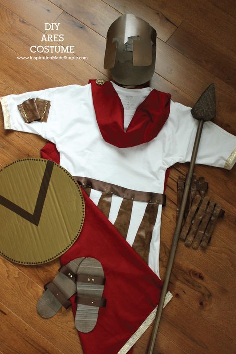 DIY Ares Greek Mythology Costume - simple costume for school Greek Mythology Unit Odysseus Costume, Ares Costume, Ares Greek Mythology, Greek Goddess Costume Diy, Greek Mythology Costumes, Costume For School, Roman Soldier Costume, Mythology Costumes, Ancient Greek Costumes