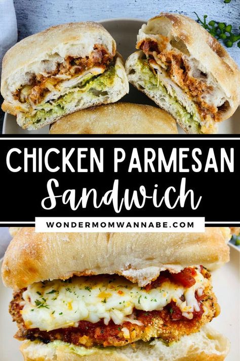 This easy, oven-baked Chicken Parmesan Sandwich recipe is about to become your new favorite weeknight dinner! This sandwich can be made in less than an hour for a restaurant-worthy meal that the whole family will love. #chickenparmesansandwich #parmesan #chickensandwich #chickenparm #chickenparmsandwich Chicken Parmesan Sandwich Recipe, Chicken Parm Sandwich, Chicken Parmesean, Parmesan Sandwich, Chicken Parmesan Sandwich, Oven Baked Chicken Parmesan, Healthy Chicken Dinner, Chicken Parm, Oven Baked Chicken