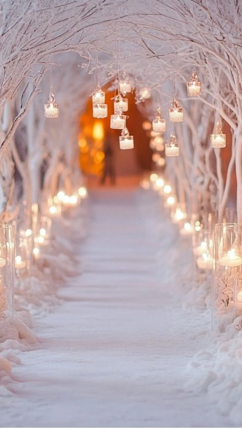 A winter wedding aisle decorated with white branches, twinkling lights, and faux snow, creating a magical snowy wonderland vibe. Snowy Wedding Venues, Winter Wedding Aisle Decorations, Winter Wedding Aisle, Winter Snow Wedding, Simple Winter Wedding, Winter Swan, Wedding Church Decorations, Swan Lake Wedding, Twinkle Lights Wedding