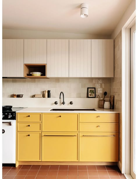 Before + After: A Sunny Yellow Kitchen For A Victorian Cottage Yellow Kitchen Cabinets Vintage, Yellow Tile Kitchen Retro, Yellow Kitchen Backsplash Ideas, Retro Kitchen Renovation, Yellow Galley Kitchen, Pale Yellow Cabinets Kitchen, India Yellow Kitchen, Yellow Accent Kitchen, Yellow Tiles Kitchen