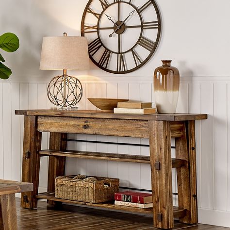 This beautiful console table is a picture-perfect addition to rustic, industrial, or farmhouse home. Made of solid acacia wood, this table features a varied light and dark lacquer finish with natural knots and cracks for an authentic look. Media Console Table, Rustic Console Tables, Media Table, Into The Wood, Industrial Wood, Sofa End Tables, Wood Console Table, Wood Console, Decoration Design