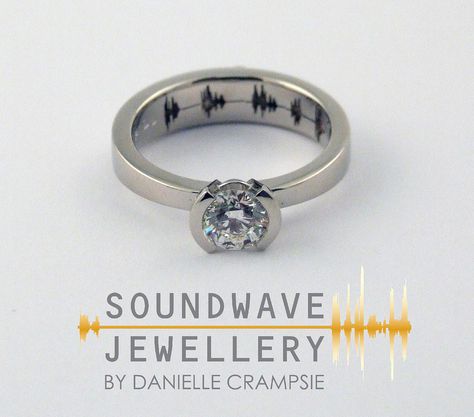 https://flic.kr/p/o5vmCc | Diamond Soundwave Ring w inside engraving | Diamond Engagement Ring with a custom voice recorded message. Did you know sound waves are similar to fingerprints? Each one is unique to you! Create a truly one of a kind ring by recording your personal voice message and etching the image of your waveform onto a ring. Soundwave Jewellery helps you record your own history on custom pieces of jewellery which will last for many years to come. Soundwave Jewelry, Voice Message, Wave Jewelry, Sound Wave, Turquoise Jewelry Native American, I Love Jewelry, Sound Waves, Ring Diamond, Bridal Jewelry Sets