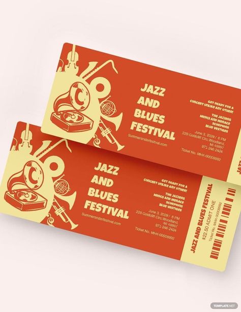 Free Jazz Festival Ticket Template - Illustrator, Word, Apple Pages, PSD, Publisher | Template.net Ticket Design Template, Festival Ticket, Festival Themed Party, Music Tickets, Jazz Quartet, Friendsgiving Decorations, Admit One Ticket, Woodstock Festival, Free Jazz