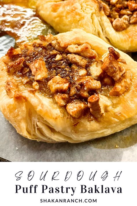 Sourdough Puff Pastry Baklava is a delicious greek dessert made with homemade buttery puff pastry for a base topped with walnuts, honey, and cinnamon. The perfect treat to surprise someone special. This recipe makes enough to share with a group of people or bring to any potluck.  I love the traditional baklava especially if it’s homemade. This recipe is a step up with single servings and comes together a lot faster with that same delicious taste. Puff Pastry Baklava, Sourdough Bread Benefits, Easy Sauerkraut Recipe, Puff Pastry Recipes Dinner, Sourdough Desserts, Puff Pastry Braid, Puff Pastry Cookies, Homemade Sweetened Condensed Milk, Greek Dessert