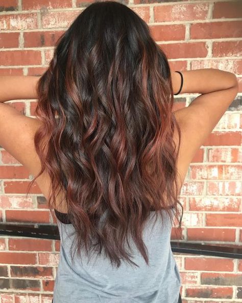 Natural Black with Reddish Brown Hair Brown Hair Ombre Red, Red Color Melt Hair Dark Brown, Brunette Red Ombre, Red Balayage On Black Hair Indian, Elvira Hair, Black Hair Ombre Balayage, Brown Into Red Ombre, Balayage Black, Brown Hair Cuts