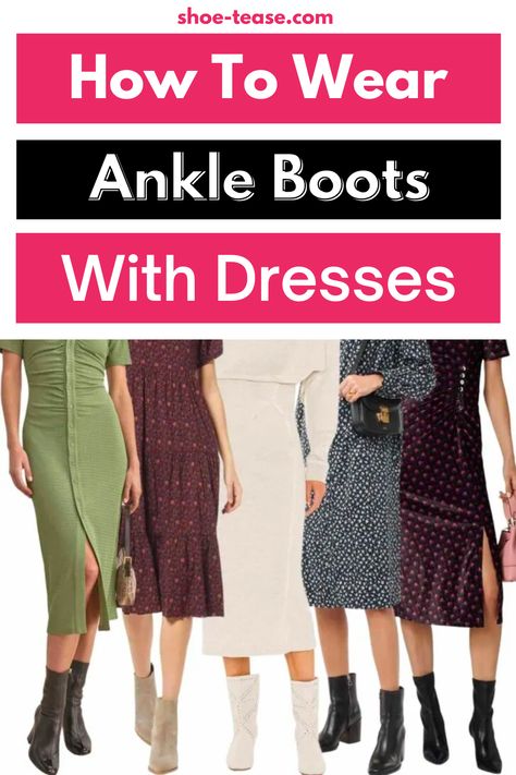 Low Ankle Boots Outfits Dress, Booties With Dresses Fall, A Line Skirt With Boots, Ankle Boots With Formal Dress, Long Heeled Boots Outfit, Fall Dresses With Boots Ankle Booties Midi, Party Boots Outfit, What Type Of Shoes To Wear With Dresses, How To Wear Boots To Work