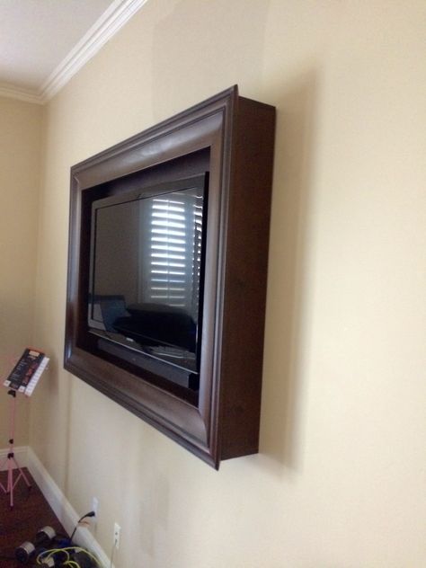 A cool idea to frame your TV. The sound bar is in there as well it also doubles as a shelf to hold your controller. Tv Sound Bar Ideas, Tv With Sound Bar, Frame Your Tv, Tv Sound Bar, Bedroom Tv Wall, Bedroom Tv, Tv Sound, Tv Frame, Sleepy Time