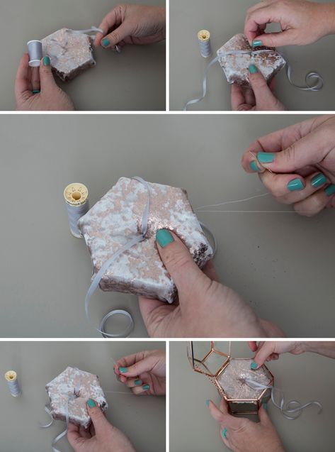 These DIY Hexagon Glass Ring Boxes Are ADORABLE! Wedding Ring Pillow Diy, Ring Box Wedding Diy, Ring Boxes Diy, Ring Holder Diy, Letterpress Save The Dates, Hexagon Wedding, Money Box Wedding, Custom Ring Box, Ring Pillows