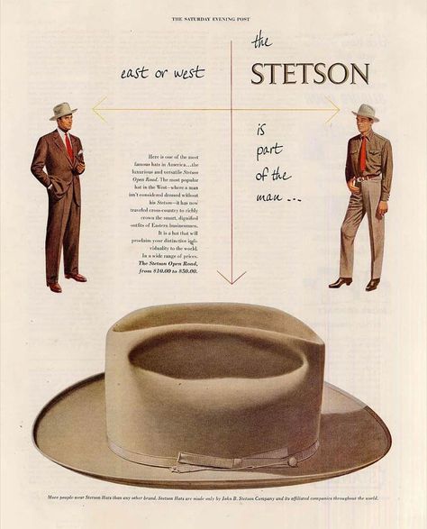 Stetson Open Road, Popular Hats, Stetson Hat, Saturday Evening Post, Classic Clothing, Classic Outfits, Cross Country, Vintage Ads, Business Man