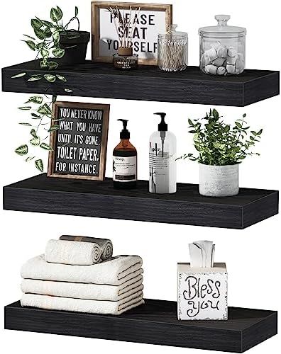 Sorbus Floating Wall Shelf Set: This floating shelf set includes two flat rectangular shelves and one open box rectangular shelf, offering a flexible and stylish storage solution for any room in your home. Can also be used as wall shelves for living room, floating book shelves for wall, bathroom shelves, and more. Rustic Bathroom Accessories, Wood Storage Shelves, Grey Shelves, Black Floating Shelves, Shelves For Wall, Floating Shelves Bathroom, Bathroom Wall Shelves, Wooden Floating Shelves, Wall Shelf Decor