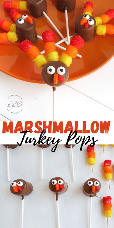 These Thanksgiving Marshmallow Turkey Pops are cute and so simple to make. A Perfect for a fun food on Thanksgiving! Thanksgiving Dec, Oreo Turkey, Turkey Desserts, Chocolate Turkey, Red Hots Candy, Thanksgiving Candy, Turkey Cookies, How To Make Marshmallows, Cake Pop Sticks