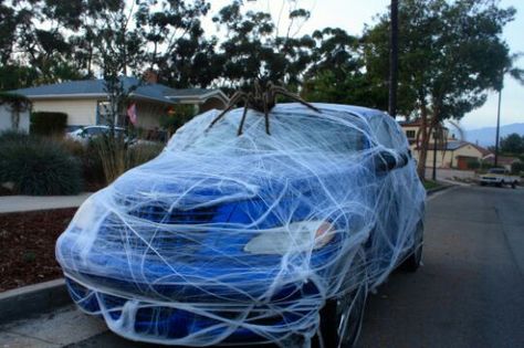 Because TP is for amateurs. Car Decor Halloween, Halloween Doors, Halloween Car Decorations, Car Decorating, Trick And Treat, Halloween Pranks, Video Game Costumes, Halloween Parade, Giant Spider