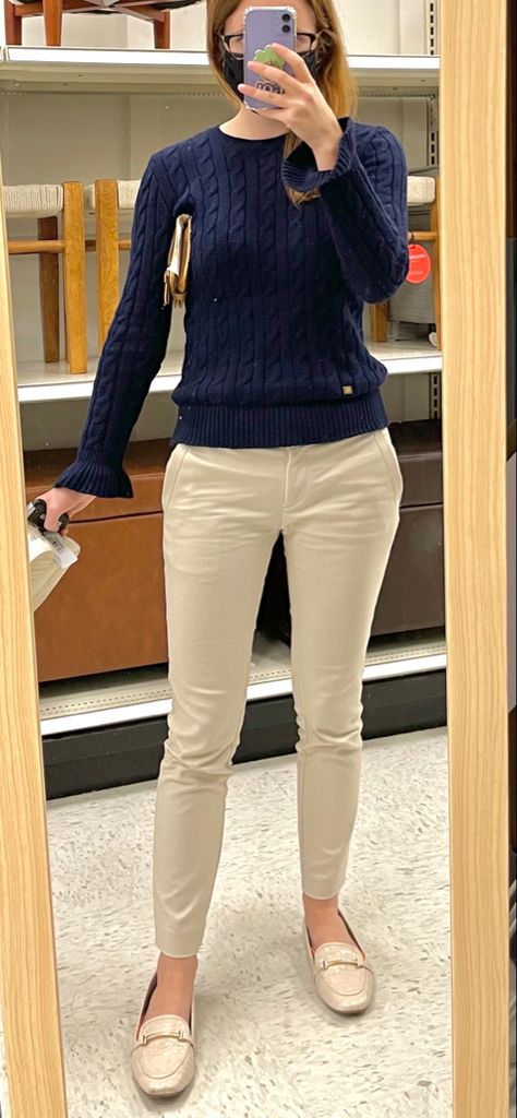 Ralph lauren navy blue cable knit sweater crewneck long sleeve, khaki work pants skinny dress pants ann taylor petite, white loafers justfab, clinical rotation outfit Sweater Work Outfit, Khaki Pants Outfit Women, Khaki Pants Outfit, Pants Outfit Work, Dress Pants Outfits, Blue Cable Knit Sweater, Knit Sweater Outfit, Winter Pants Outfit, Sophisticated Outfits