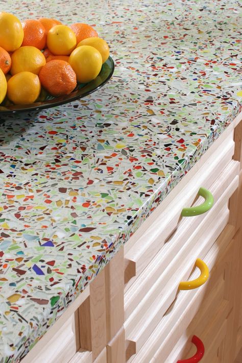 Recycled Glass Countertops, Countertop Options, Kitchen Countertop Materials, Glass Countertops, Oranges And Lemons, Glass Bathroom, Countertop Materials, Concrete Countertops, Kitchen Countertop