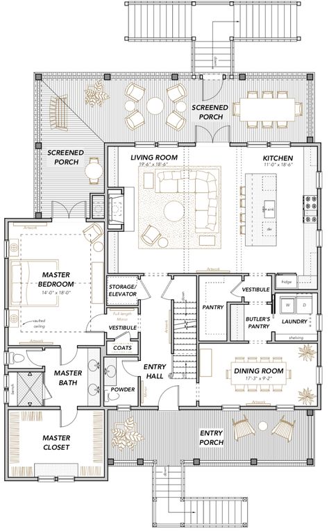 Awendaw Creek Home Plan — Flatfish Island Designs — Coastal Home Plans Coastal Cottage House Plans, Cottage Flooring, Coastal Homes Plans, Loft Plan, Unique House Plans, Coastal House Plans, Porch House Plans, Coastal House, Beach House Plans