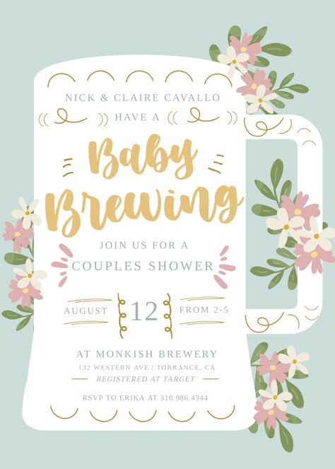 a baby is brewing baby shower A Baby Is Brewing Baby Shower Ideas Fall, Baby Brewing Shower Ideas, Something Is Brewing Baby Shower Theme, Brewery Baby Shower Ideas, Baby Is Brewing Shower Ideas, Jack And Jill Baby Shower Invitations, Coed Baby Shower Themes, A Baby Is Brewing Gender Reveal, A Baby Is Brewing Invitation