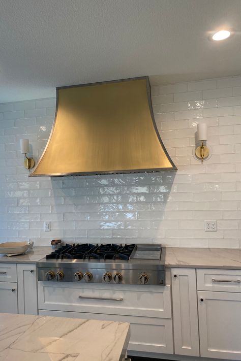 Brass Hood Kitchen, Brass Hood Vent, Brass Stove Hood, Gold Stove Hood, Gold Hood Vent, Gold White Range Hood, Gold Range Hood, Kitchen Hood With Brass Detail, Range Hood With Gold Trim