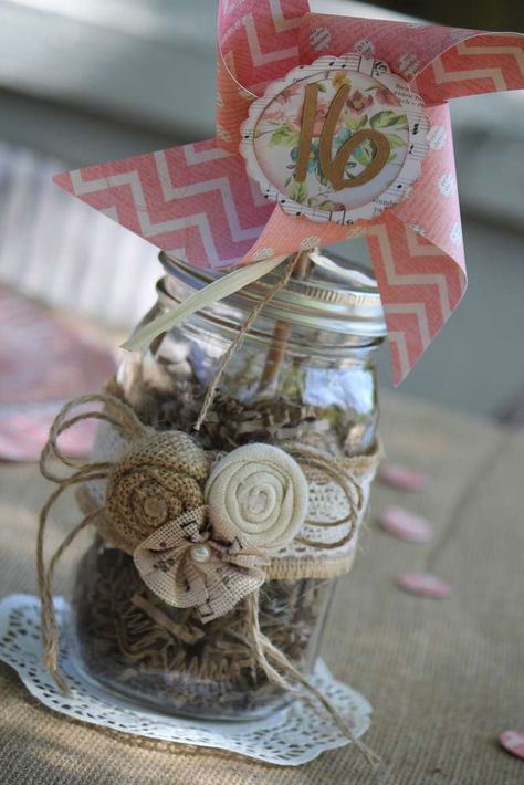 Sweet 16! | CatchMyParty.com Country Chic Birthday Party, Diy Birthday Ribbon, Party Ideas Sweet 16, Rodeo Decorations, Kids Drinks Party, 40th Birthday Themes, Fire Ideas, Happy Hour Party, Pink Mason Jars